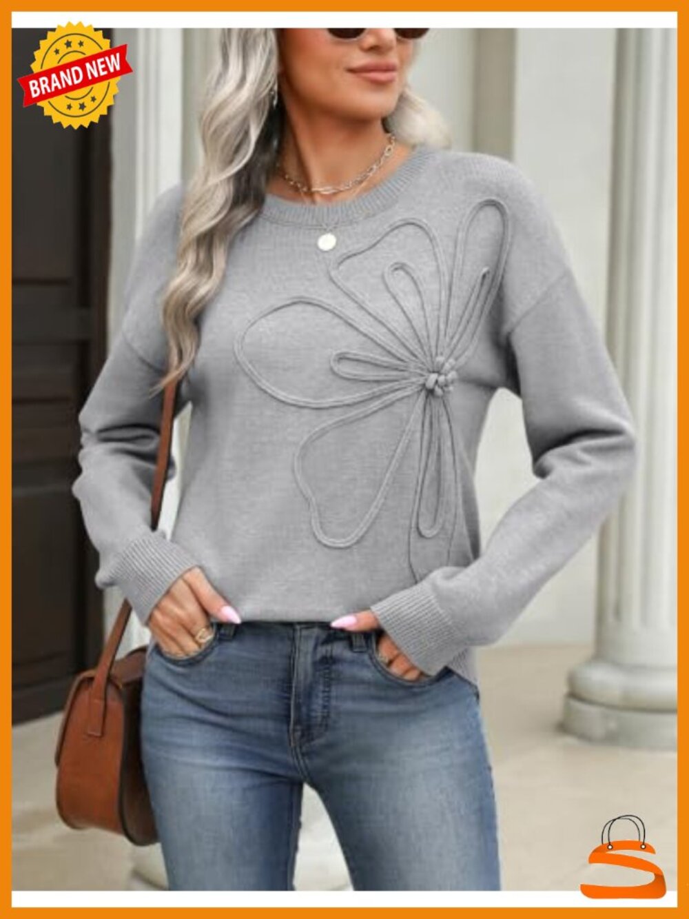 Women's 3D Floral Applique Crewneck Long Sleeve Pullover Sweater Knit - Picture 3 of 6